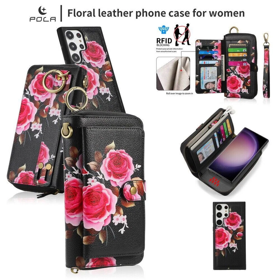 Crossbody Handbag Wallet Flower Phone Case For Samsung S22 S23 S24 S25 Ultra - Image 3 of 4
