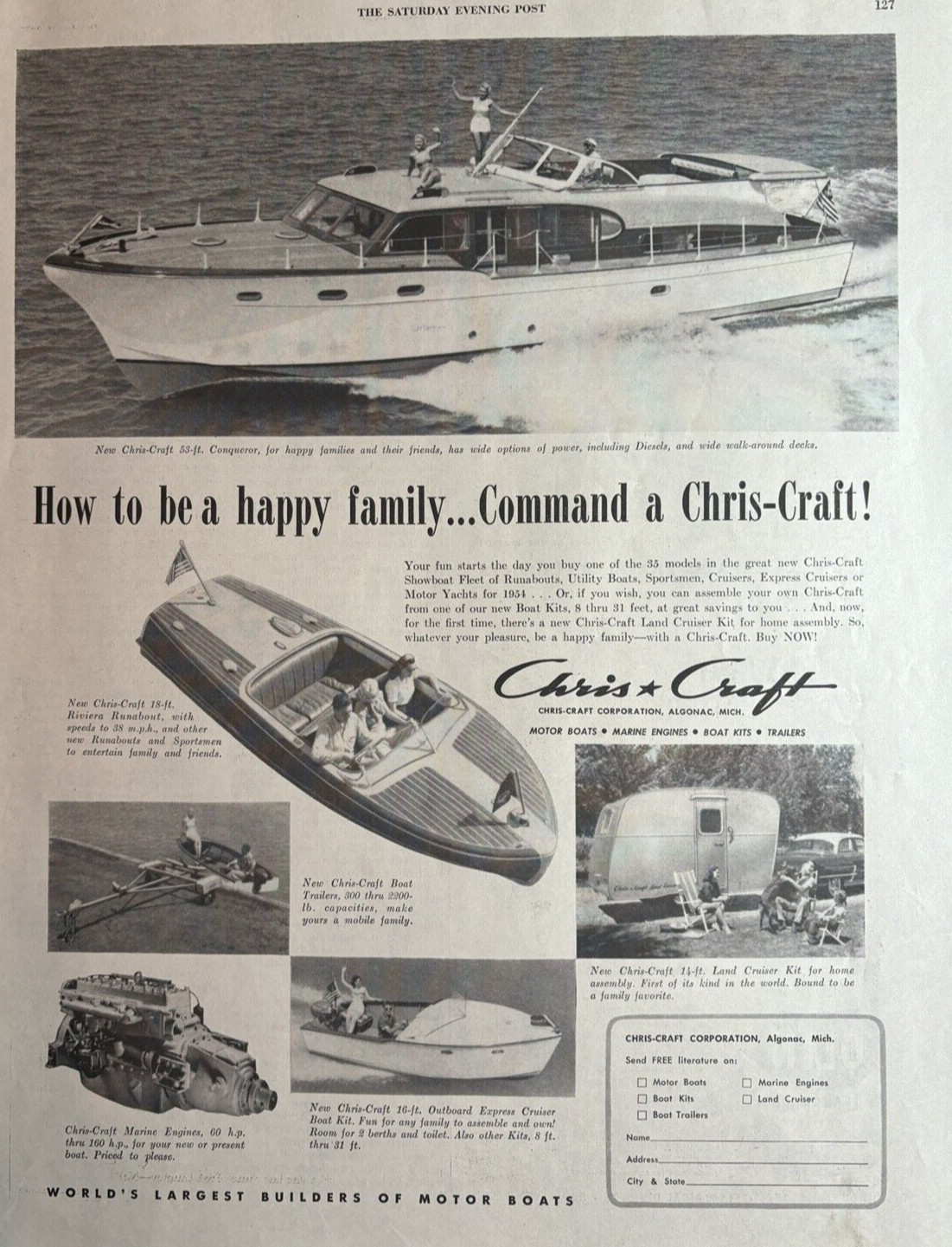 1953 Chris Craft Corporation Algonac Mich Motor Boats Trailers Vintage Print Ad