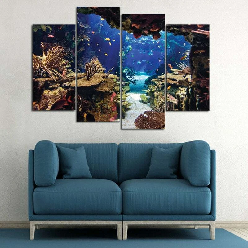 Impressão multipainel mergulhadores caverna recife lona arte de parede vida oceânica subaquática 5 peças - Imagem 2 de 4