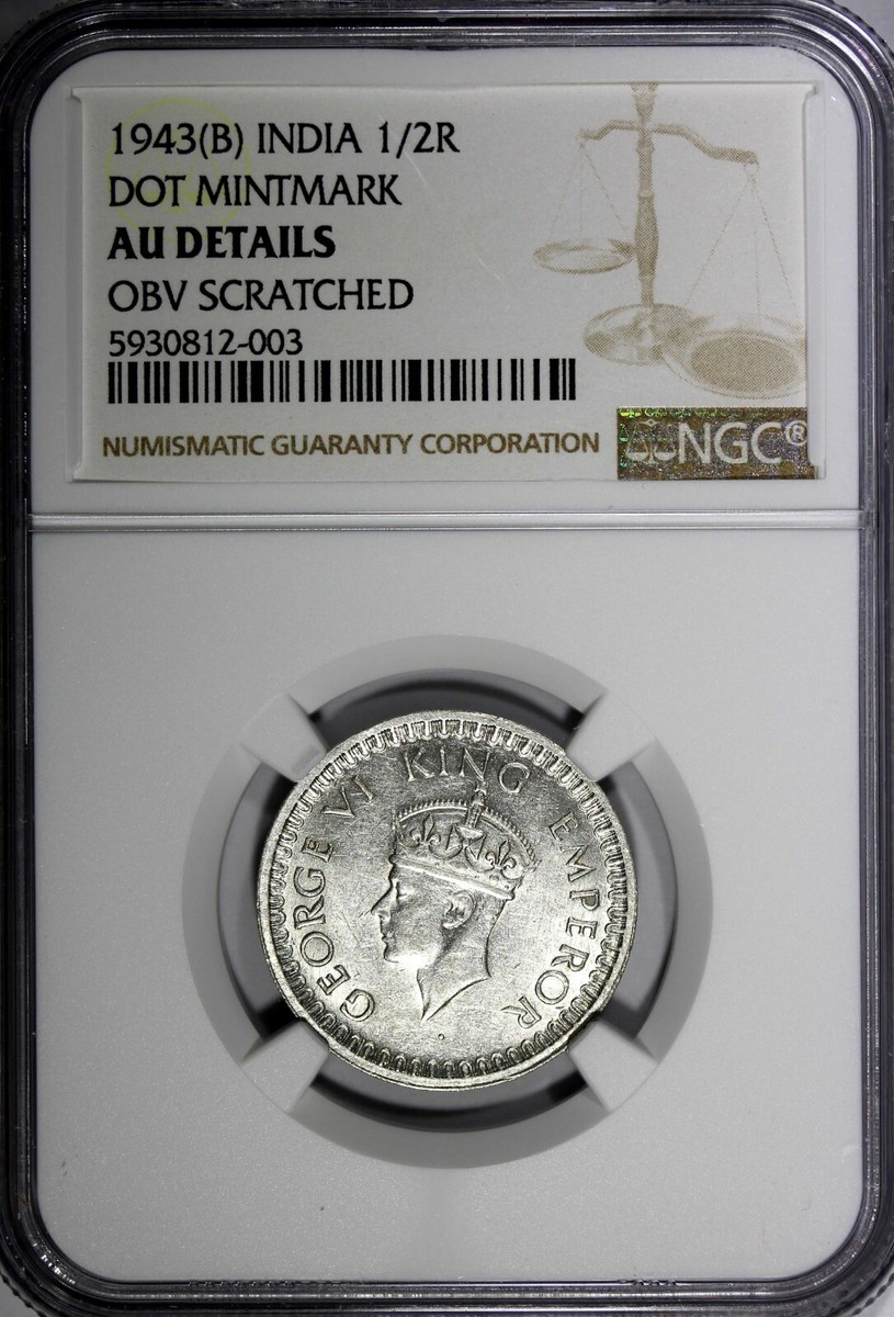 India-British George VI Silver 1943 (B) 1/2 Rupee DOT NGC AU