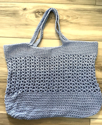 Market Tote Bag Handmade Cornflower Blue Solid Crochet Cotton ReUse  Washable New