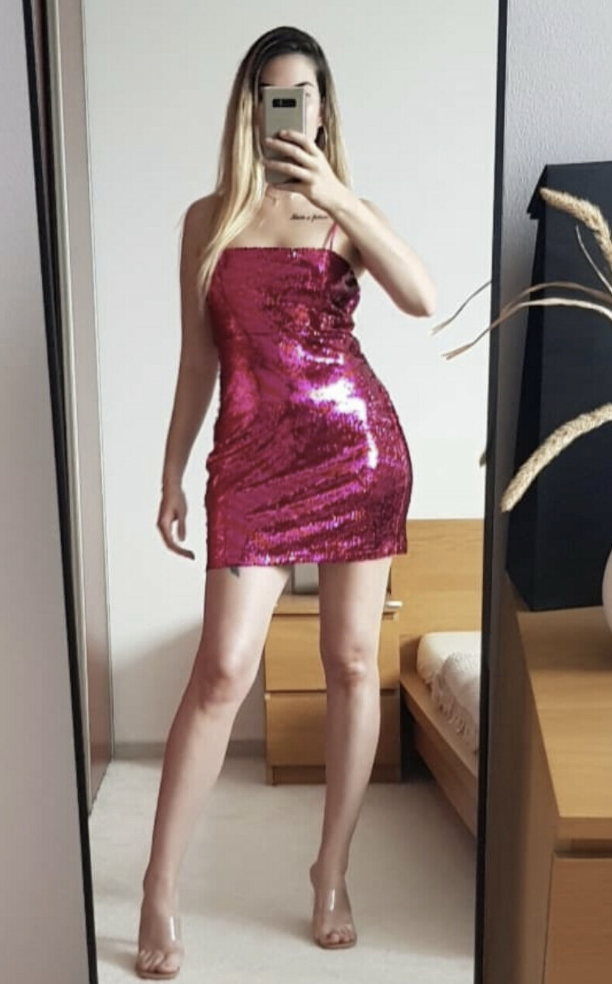 Zara Women NEW Spaghetti Strap PARTY SEQUIN MINI DRESS FUCHSIA