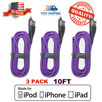 3-pack 10Ft Fast Charger For iPhone 14 13 12 11 X XR/Pro Max Cable Braided Nylon