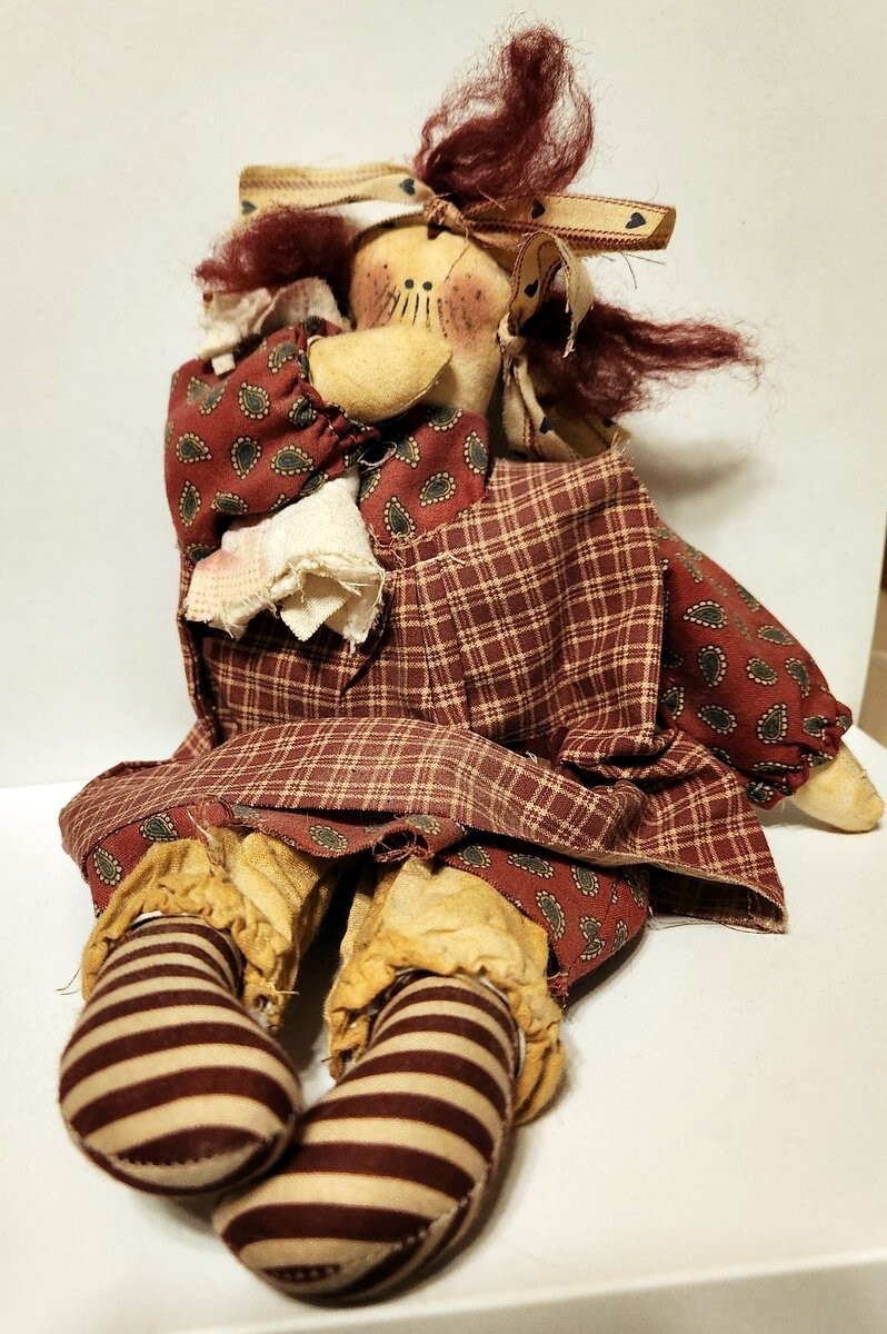 Handmade Rag Doll, Signed, Red Hair & clothes, Sucking Thumb and Holding Blankie