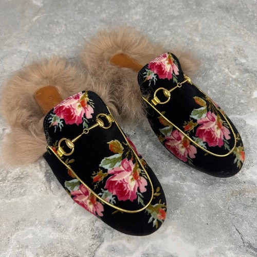 Gucci Princetown Horsebit Slipper Fur Mule Black Velour Velvet 7.5 US 37.5 EUR - Picture 9 of 19