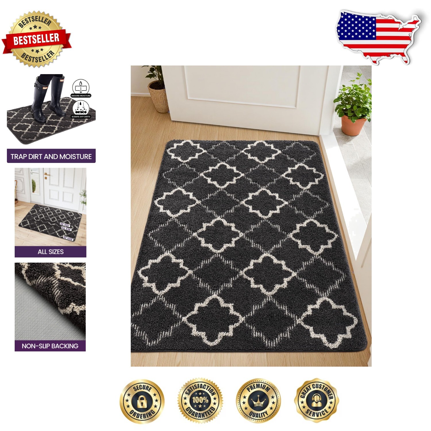 Low Profile Indoor Door Mat 48x32 Inches - Charcoal Patterned, Easy-Care, Durable Floor Protector for High-Traffic Areas