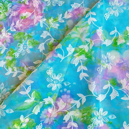 2 YD Vintage Sheer Flocked Floral Fabric Blue - Picture 6 of 7