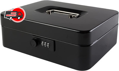 Large Cash Box Combination Lock Safe Metal Money Box w/ Money Tray Security Box
