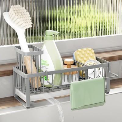Kitchen Sink Sponge Holder Self Draining Sink Caddy Brush Organizer Gray Tool