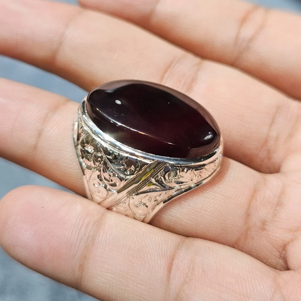 Yemeni Aqeeq Ring For Men, 925 Sterling Silver Natural Agate Ring, Shia Ring - Image 4 of 4