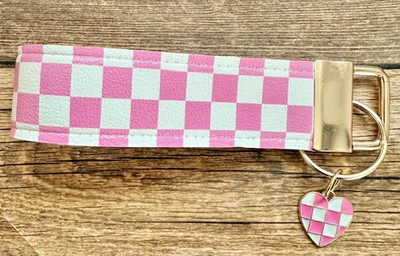 Mini Key Fob Chain Holder Strap Faux Leather Pink Checker Heart Purse Charms