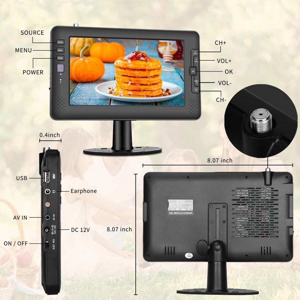 9" IPS Screen Small TV,Portable TV with Digital ATSC Tuner, USB Port, AV...  - Image 2 of 4