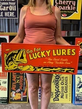 Antique Vintage Old Style Sign Lucky Fishing Lures Michigan 29x12 Made in USA