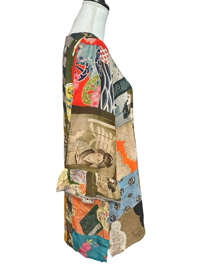 Johnny Was Vera Tunic Size S Cupra Rayon Patchwork Split Neck $240 Sheer Chic - Image 4 of 4