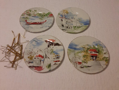 Pier 1 Destination Plates x4 Plus Hangers Travel Decorative Vibrant 7.5x7.5