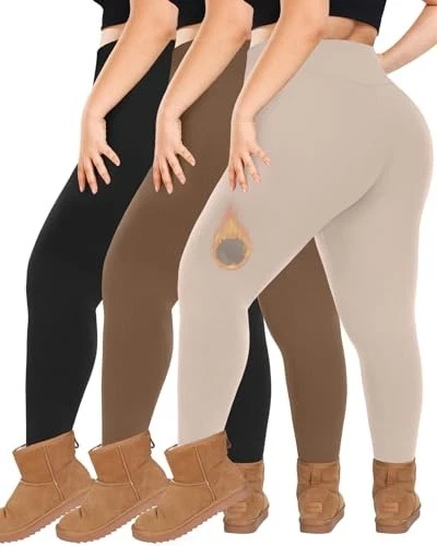  Paquete de 3 leggings forrados de vellón talla grande XX-grandes 07-negro/moca/caqui claro Foto 2 de 4