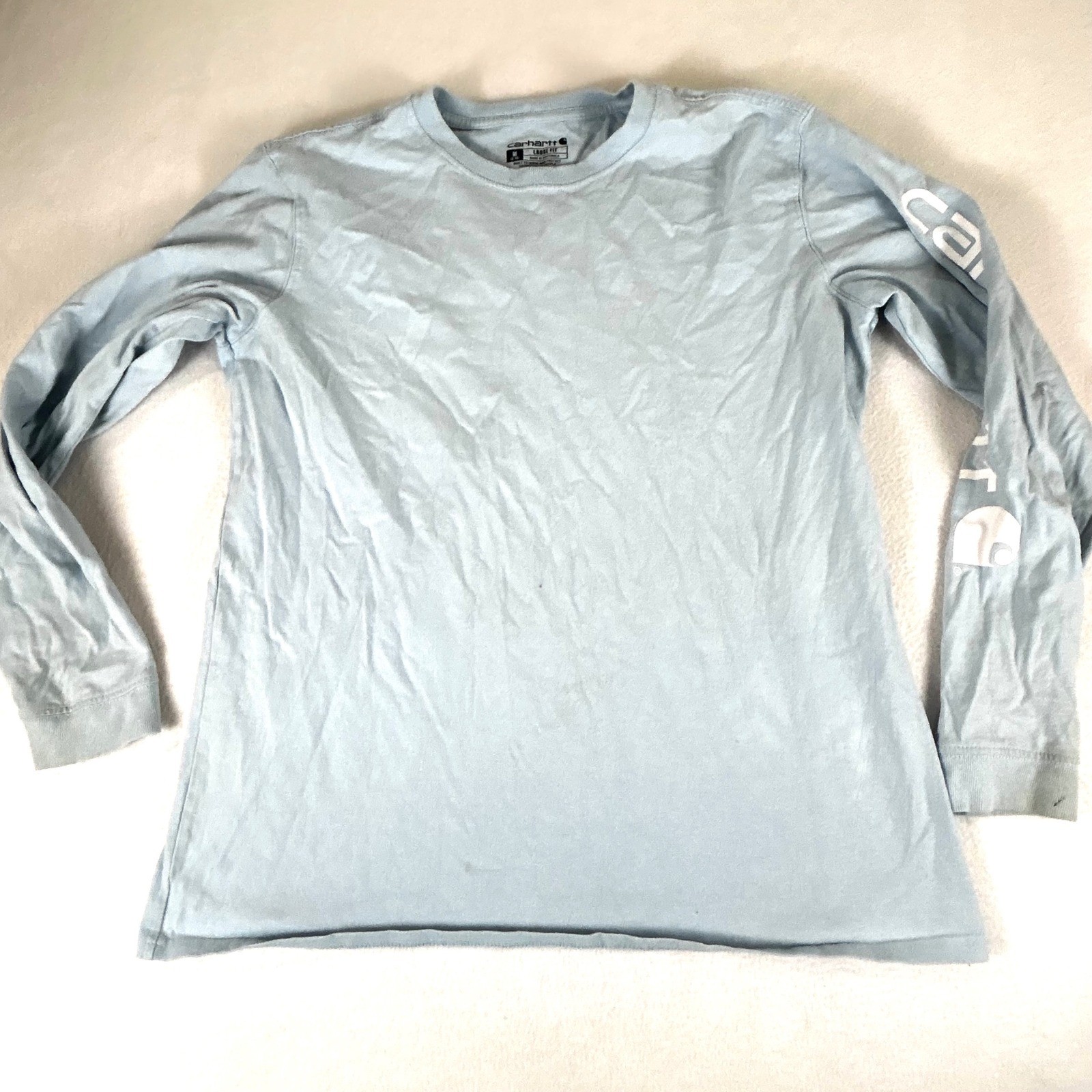 Carhartt Boys Light Blue Long Sleeve Graphic Logo T-Shirt Loose Fit Size M 8-10