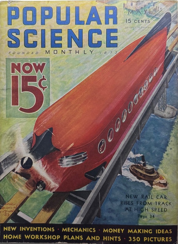 VINTAGE 15C POPULAR SCIENCE NEW RAIL CAR RISES FROM TRACK AT HIGH SPEED