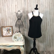 Michael Kors Black Stretchy Halter Dress Blouse with Gold Accent at Neck Size M