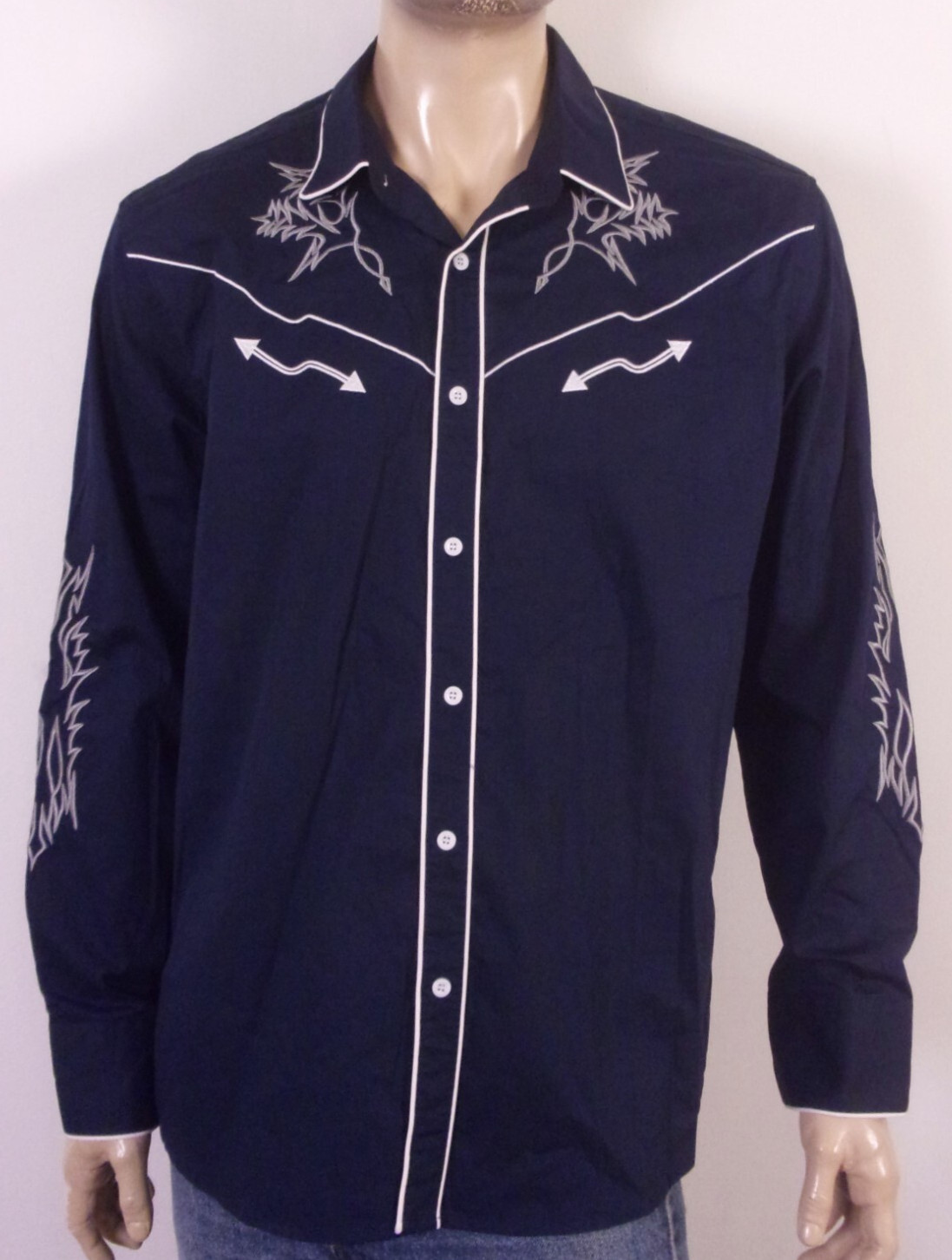 EUC Coofandy Navy Blue White Embroidered Western Shirt Gaucho Smile Pkt Rodeo XL