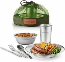 Green Stainless Steel Camping Mess Kit - 5-Piece Set for One with Cups, Plate...