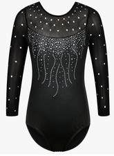 Girls Black Long Sleeve Dance Leotard with Rhinestone Decoration