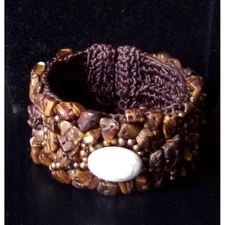 Boho Cuff Bracelet Tiger Eye Stone  Beaded Woven Adjustable