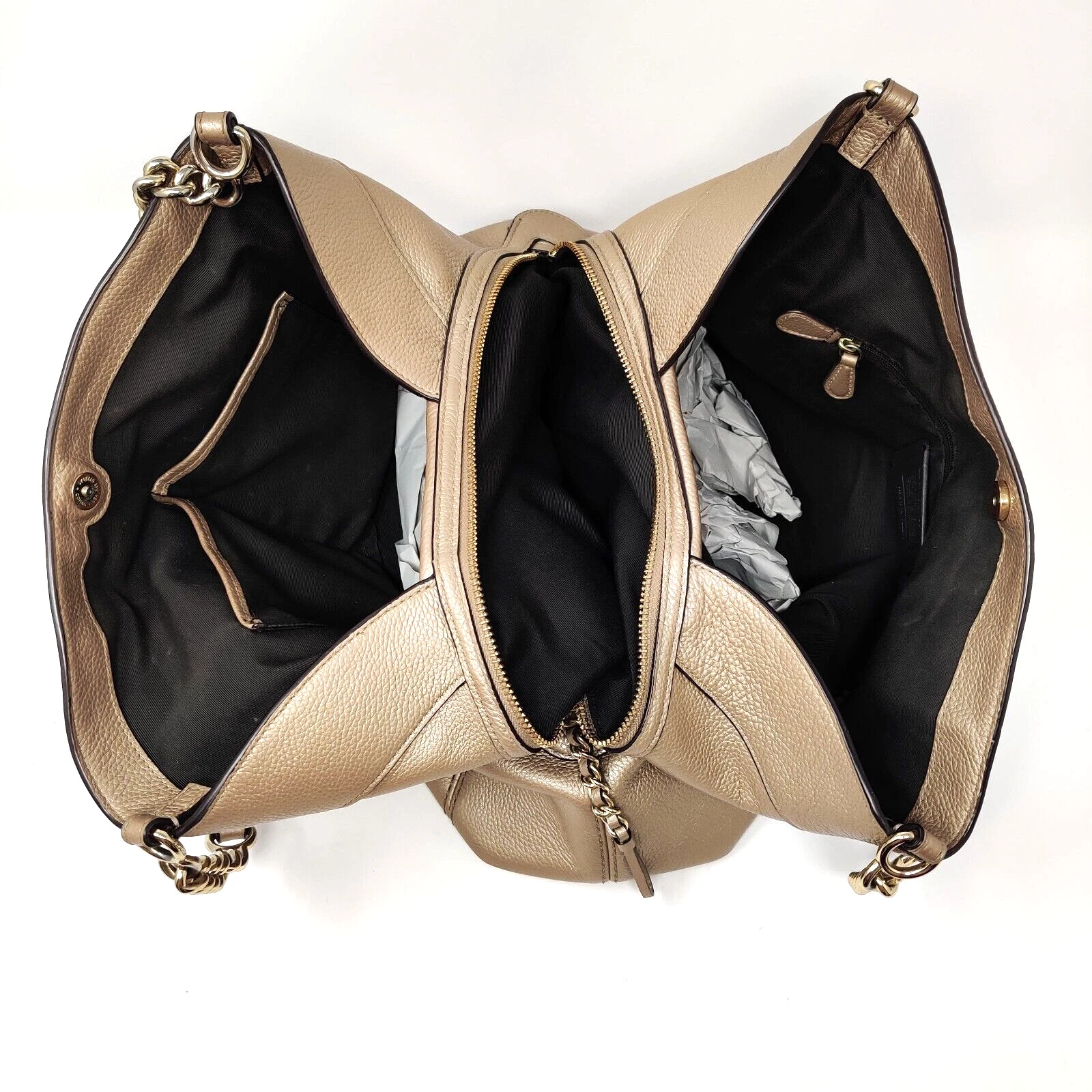 Borsa a tracolla Coach Lexy catena borsetta champagne metallizzato F22209 pelle ciottolata