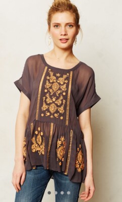 Vanessa Virginia Anthropologie Antala Peplum Top Brown Orange Embroidered Small 