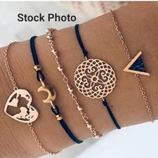 Bohemian Charm Bracelet Set.  Lot Of 5 Gold Tone Charm Bracelets. 