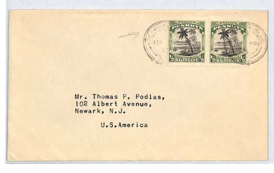 PENRHYN ISLAND Cover ½d PALM TREE Pair Cook Islands 1935 USA {samwells}XJ229 - Image 2 of 4
