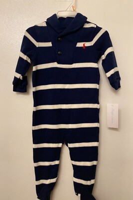 Infant Boy's Ralph Lauren Knit One Piece Footed Romper Size 9 Months