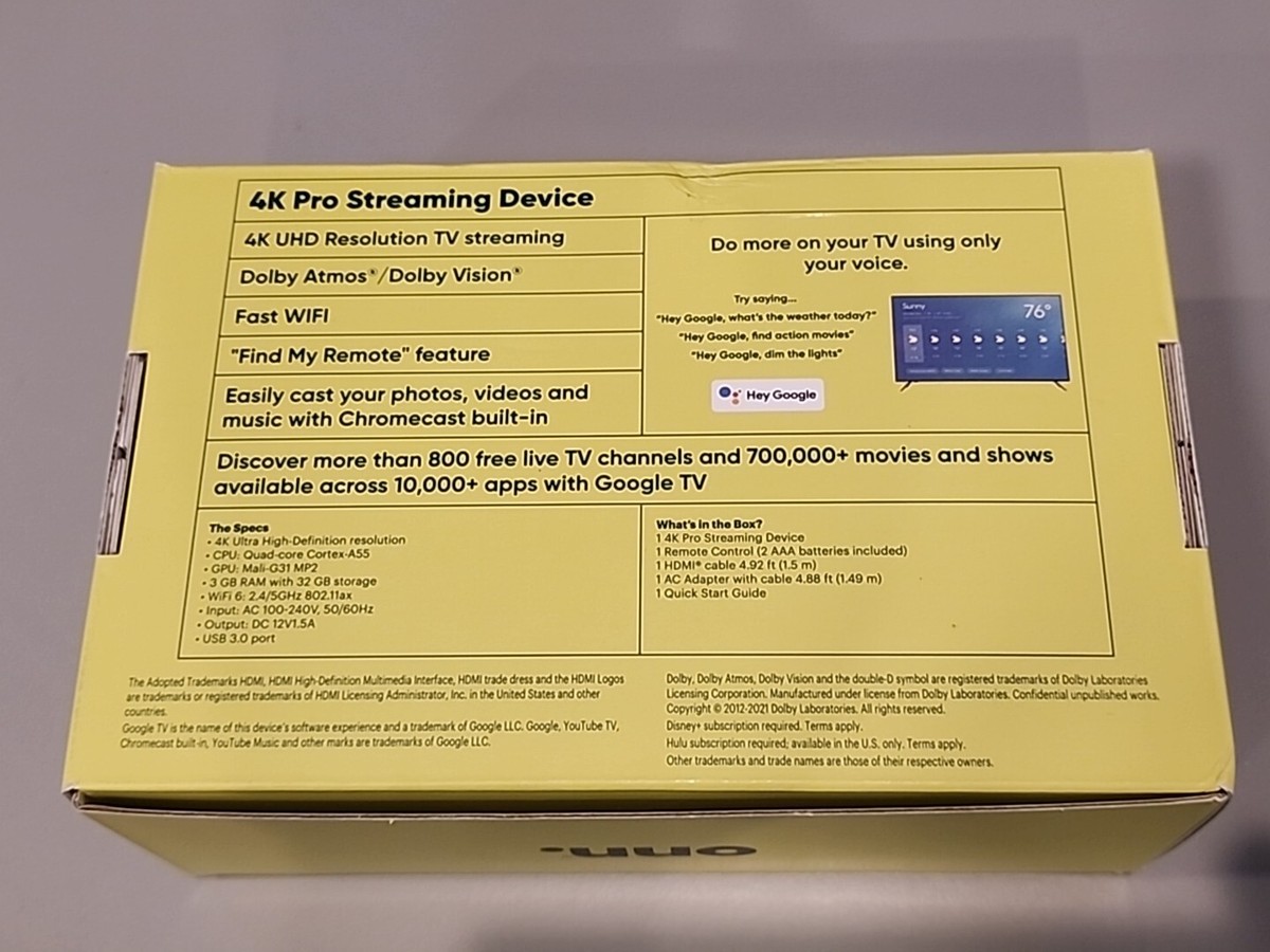 ONN 4K Pro Google TV Streaming Device w Dolby Atmos/Dolby ONN 4K Pro Google TV Streaming Device w Dolby Atmos/Dolby