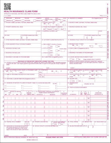 CMS 1500 Claim Forms - HCFA (Version 02/12) 2,500 SHEETS, APPROVED OMB-0938-1197