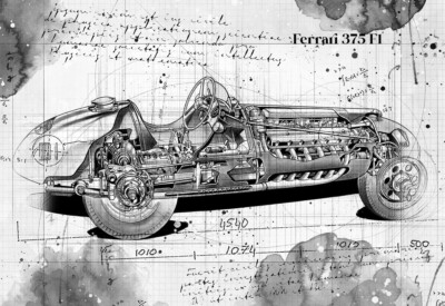 Line Tech Zeichnung Ferrari 375 F1 Auto Classic Cutaway Kunst Posterdruck
