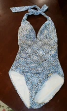 Sunseeker Sexy Blue Print Halter Padded Cup One Piece Shirred Swimsuit Size 6