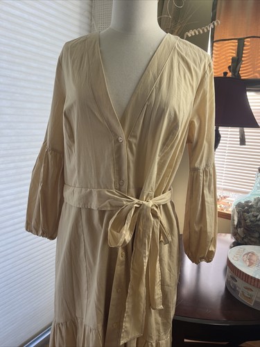 Anthropologie Maeve Oatmeal Cream  Color Long Midi 3/4 Puff Sleeve Dress Sz 16 - Picture 14 of 24