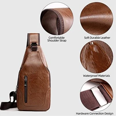 Leather Sling Bag Mens Crossbody Bag Chest Medium Verticalzipper/Light Brown - 第 3/7 张图片