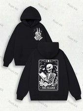 Men'S Gothic Streetwear Hooded Sweatshirt with Skeleton Hand Rose Double-Side