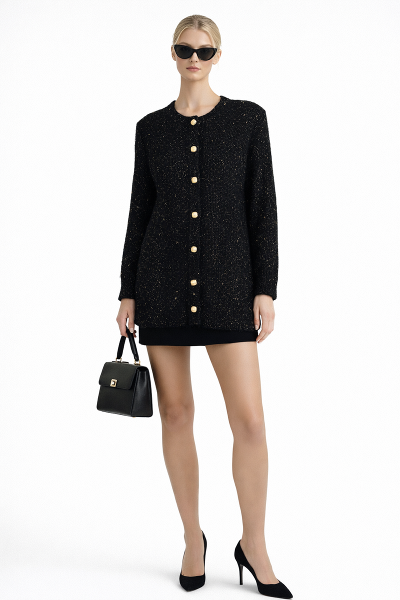 VINCENNE Couture Black Boucle Chanel Tweed Jacket Top Dress Gold