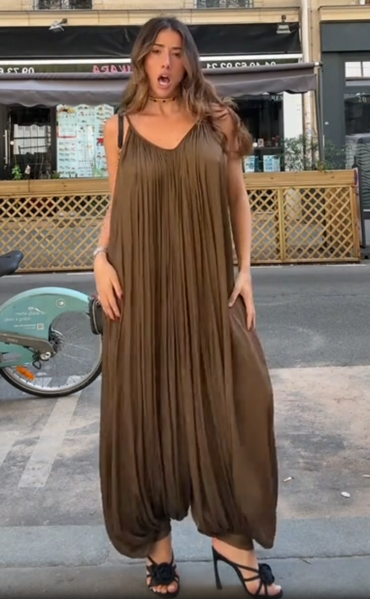ZARA WOMAN SS25 PUFF.HEM ZW COLL. PLEATED JUMPSUIT TOBACCO