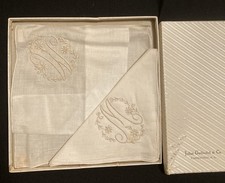 2 Vintage Ivory Linen Hankies Madeira Embroidered Monogram M New in Box Labels