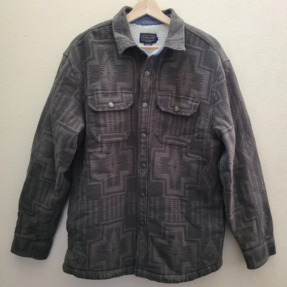 Pendleton Jacquard Sherpa-Lined Shirt Jacket Men's M Army Green Harding Aztec  - Image 2 of 4