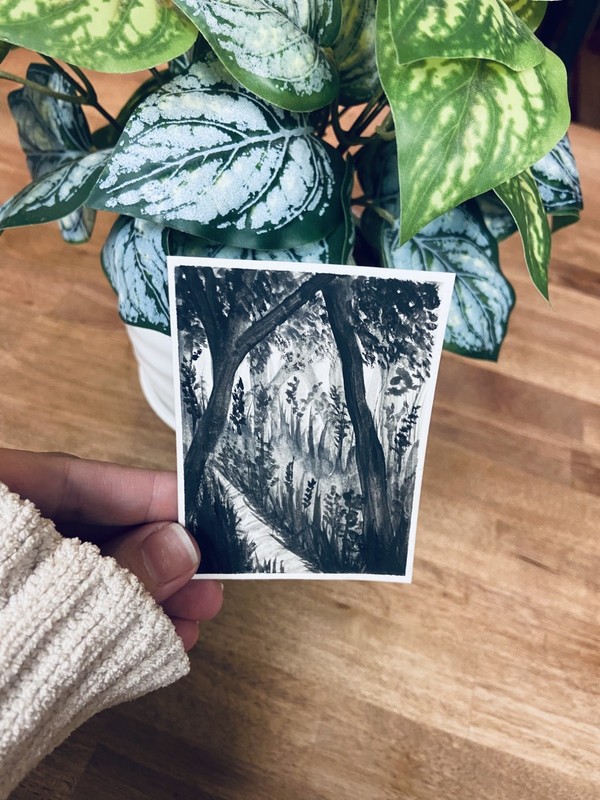 Original Art Painting- monochromatic spooky woods and trail Miniature art