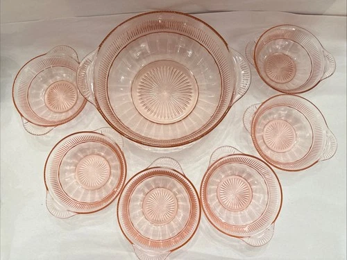 VTG ANCHOR HOCKING Coronation Pink depression Glass Serving Bowl & 6 Berry Dish