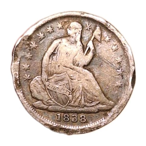 1838 Seated Liberty Half Dime Small Stars 90% Silver ~VG Details Rim Damage/Bent