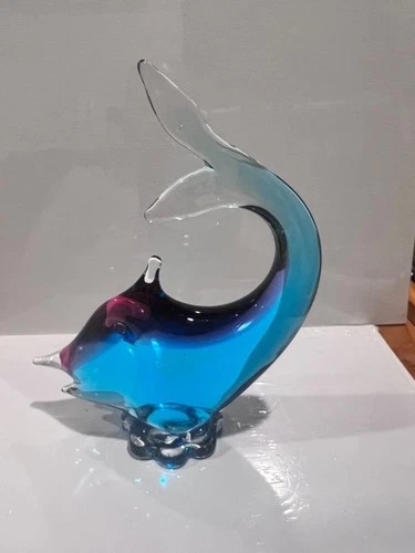 Vintage MURANO Art Glass Clear Blue Green Fish Sculpture Figurine