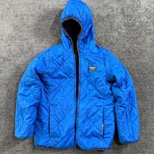 LL Bean Kids Blue Reversible Quilted Puffer Jacket Hooded Fleece Lined No Zip