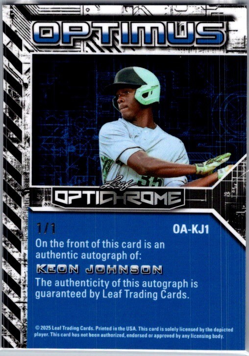 2025 Leaf Keon Johnson Optichrome Baseball Black 1/1 Auto view 2