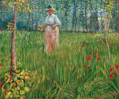 van gogh peinture à l'huile impression sur toile - femme dans un jardin - Photo 1 sur 2
